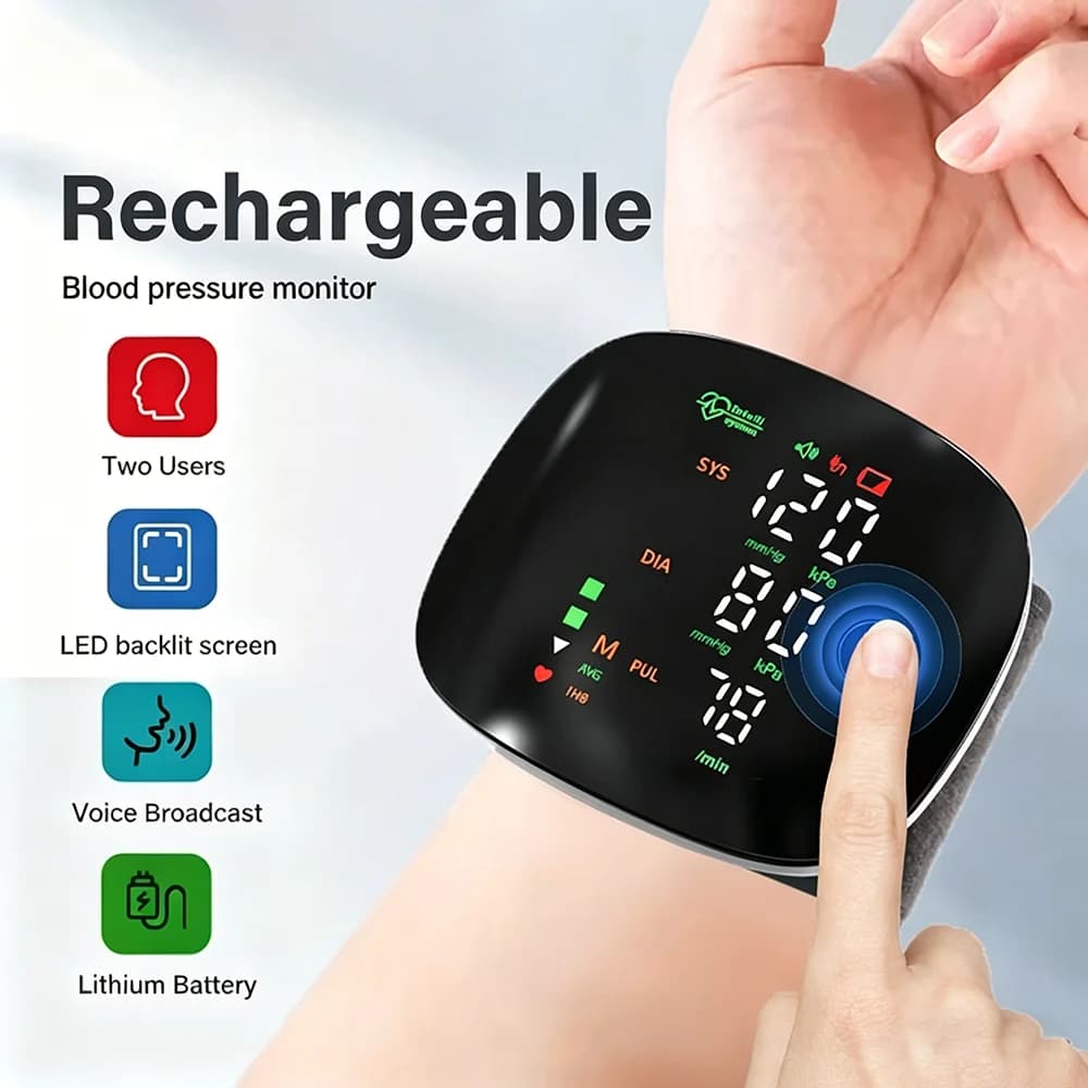Monitor de presión arterial de muñeca LED, esfigmomanómetro con pantalla táctil, tonómetro en inglés recargable, medidor de presión arterial de
