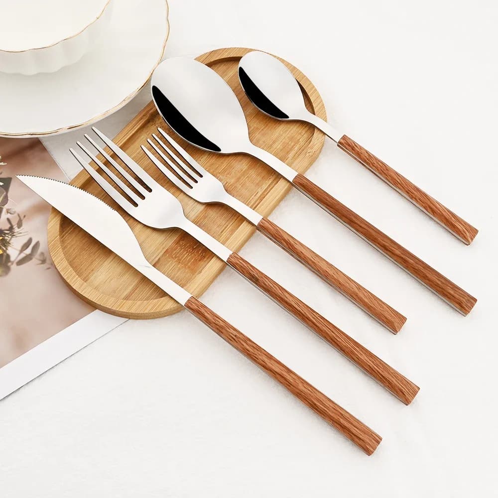 Juego de cubiertos con mango de madera de imitación de acero inoxidable, abrazadera para vajilla, vajilla occidental, cuchillo, tenedor, cuchara de