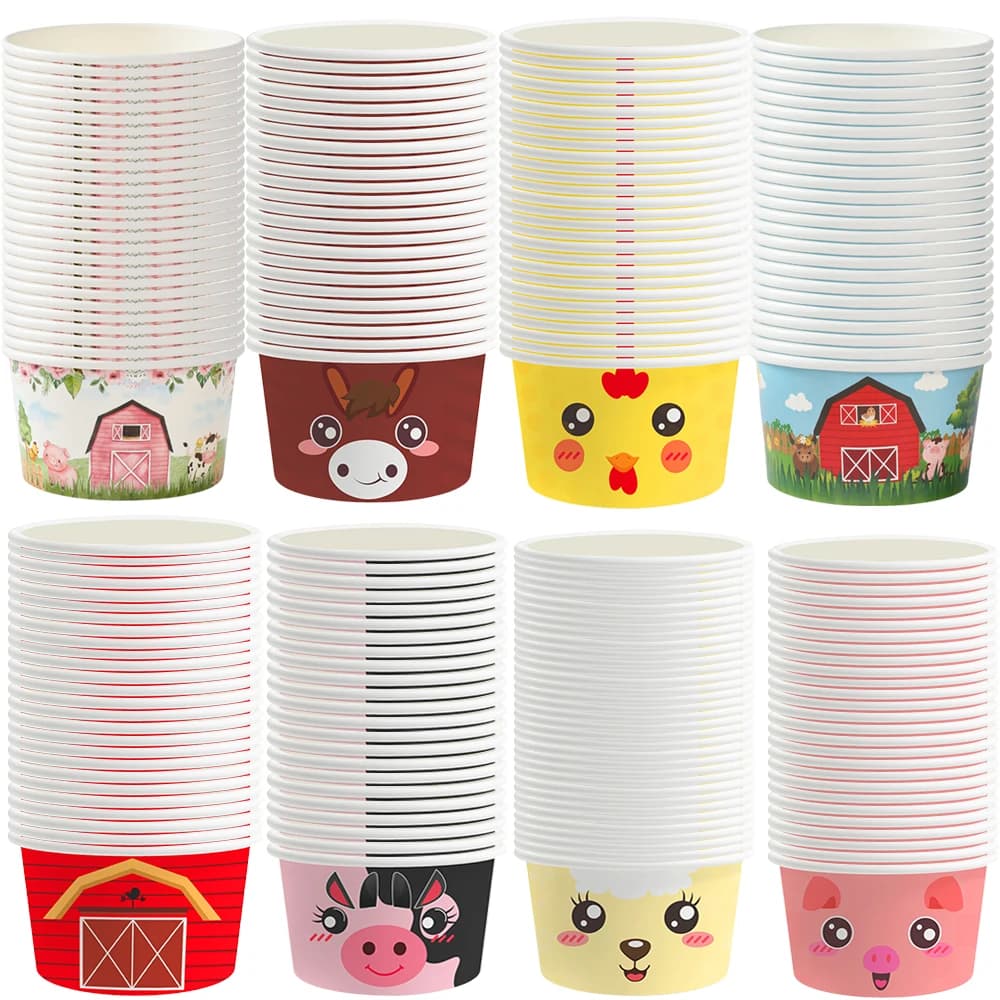 Cuencos de helado de animales de granja, vasos de papel para aperitivos, postre desechables, tazas para aperitivos, tema de granja, decoración de