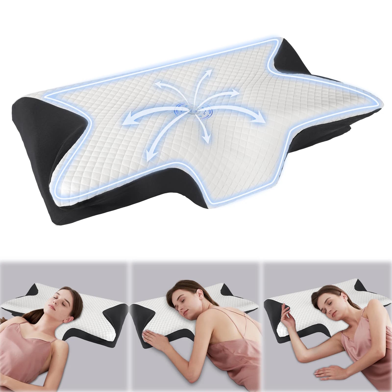 Almohada Cervical de Espuma Viscoelástica, Almohada Ortopédica Ergonómica 2 en 1 para el Dolor de Cuello, Almohadas de Soporte Contorneadas,