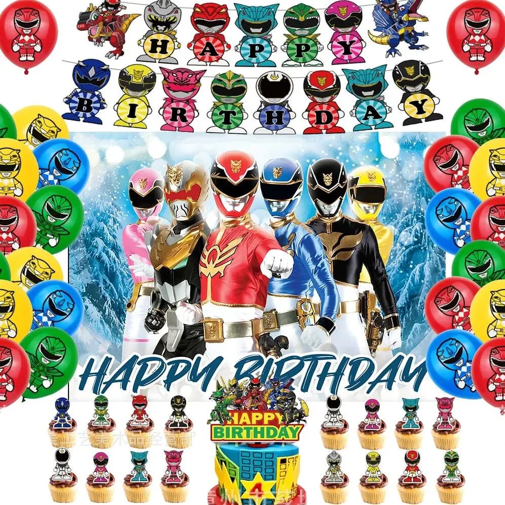 Fondo de fiesta de cumpleaños con tema de Rangere y s de dibujos animados, globos, decoración, telón de fondo, accesorios para fotos, pancarta,