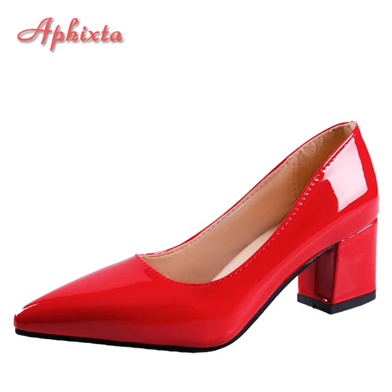 Aphixta, tacones cuadrados de 5cm, zapatos de tacón rojos de charol, zapatos clásicos para mujer, vestido de punta estrecha, zapatos de tacón