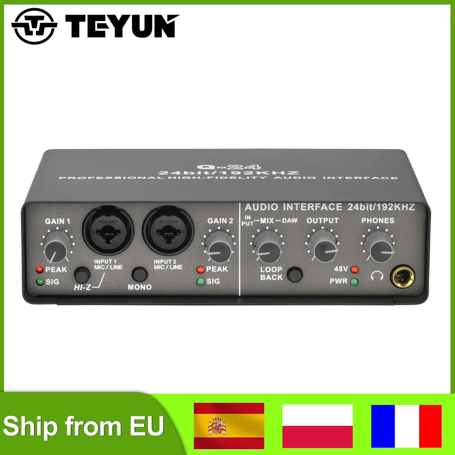 TEYUN interfaz de Audio de 24 bits, monitoreo de tarjeta de sonido de 2 canales para guitarra eléctrica, Extractor de registro en vivo, estudio de