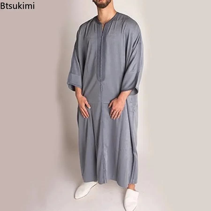 Bata musulmana árabe para hombres, caftán duradero, Thobe Jubba, manga larga, bata étnica islámica de Dubái, camisón, ropa informal suelta de