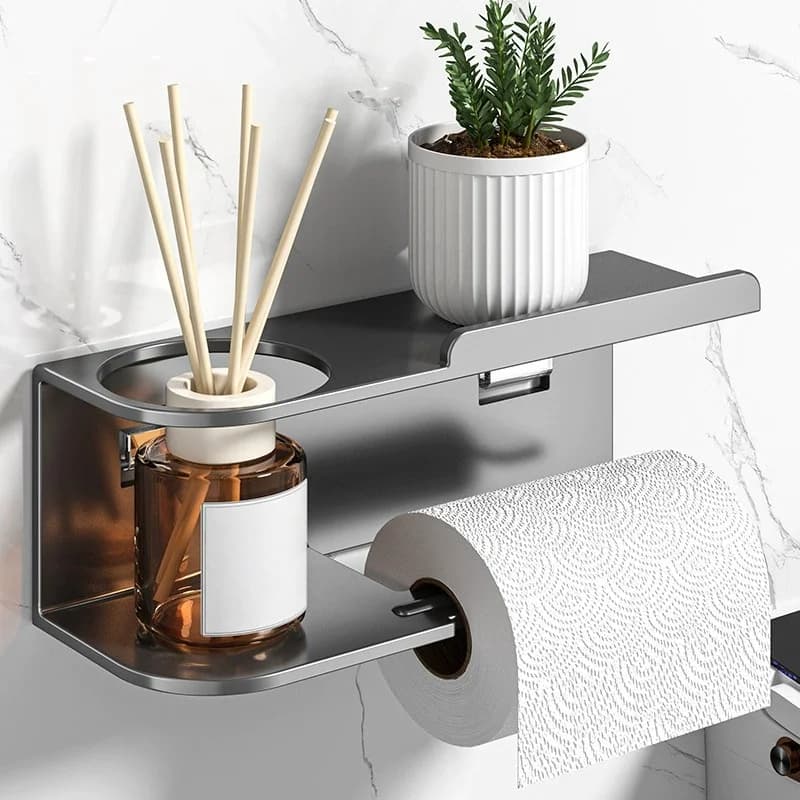 Soporte de papel higiénico autoadhesivo con estante para teléfono Portarrollos de papel higiénico montado en la pared de acero inoxidable - A