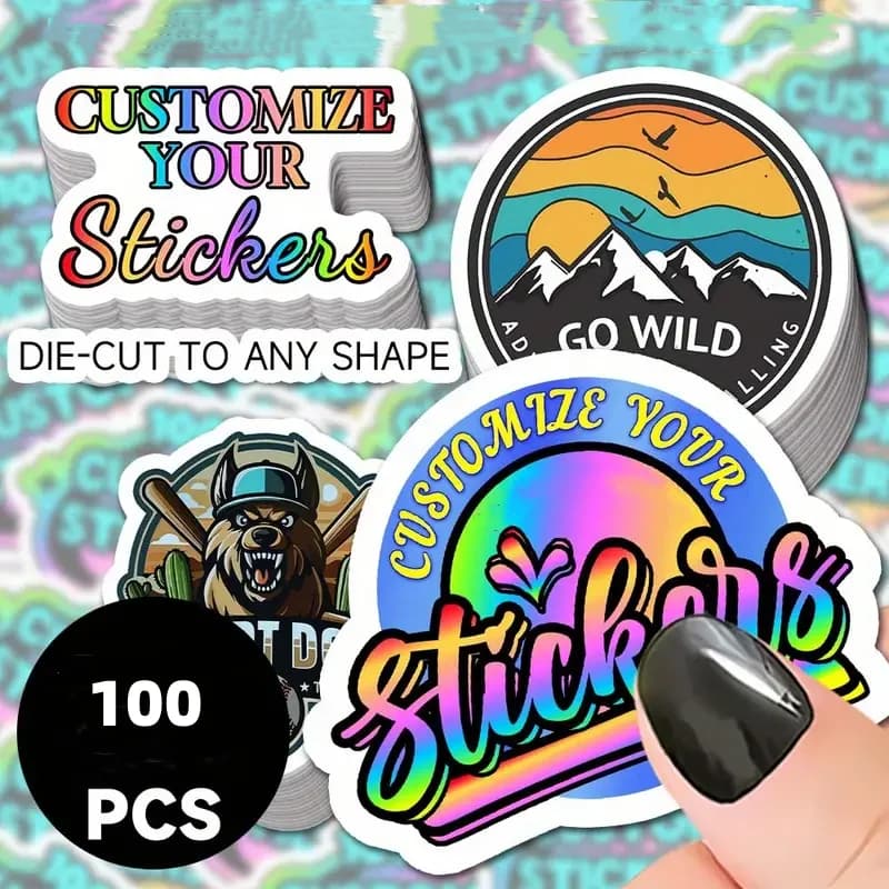 100 Uds. Calcomanías de vinilo de diseño personalizado, etiquetas holográficas troqueladas, resistentes al agua, embalaje personalizado, etiquetas