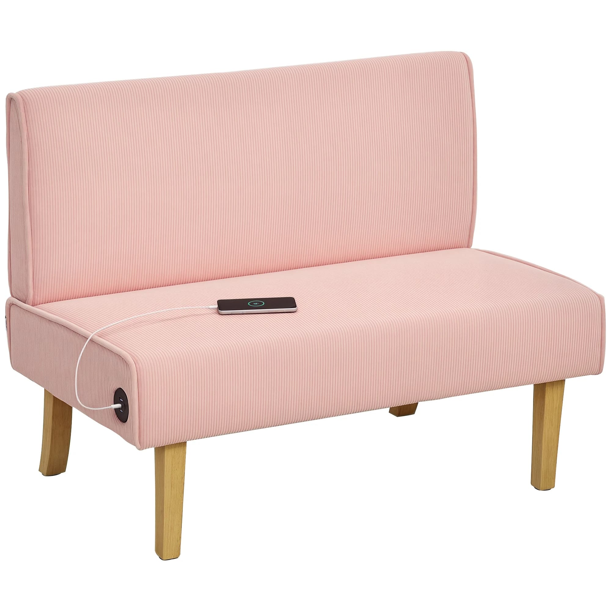 HOMCOM Sofá de 2 Plazas Tapizado en Pana con 2 Puertos USB 1 Puerto Tipo-C y Patas de Madera Carga 240 kg 110x60x85 cm
