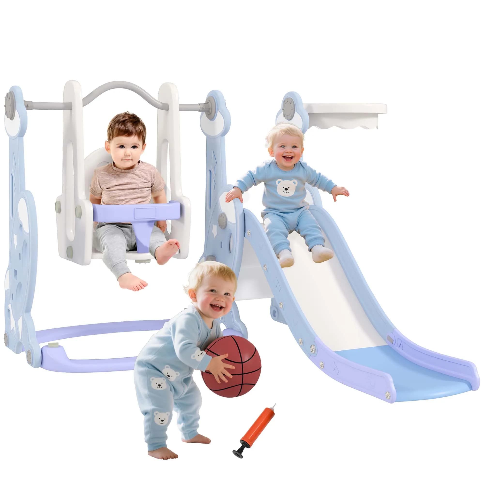 AIYAPLAY tobogán y columpio para niños 4 en 1, parque infantil para niños pequeños con aro de baloncesto, tobogán, columpio y escalera.