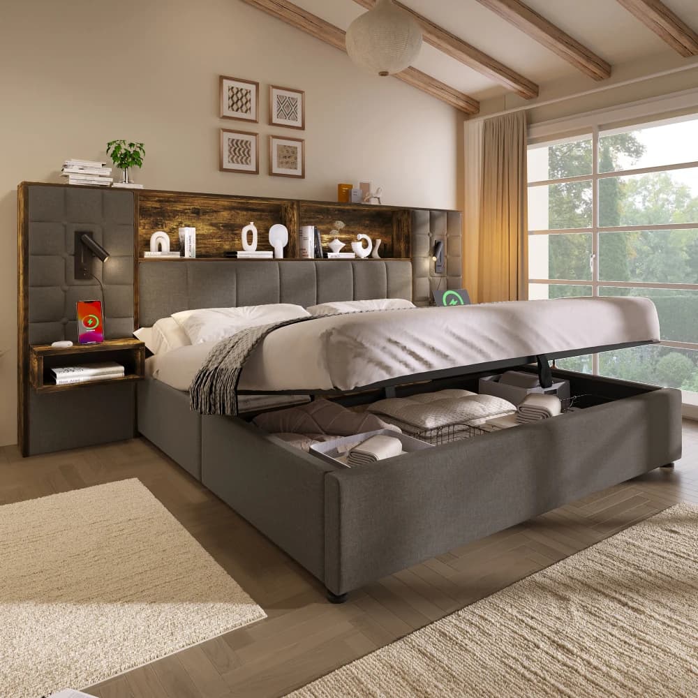 Base de Cama Tapizada con Almacenamiento de 160x200cm y 180x200cm, Plataforma de Lino con Tira de LED Integrada y 2 Lámparas de Lectura, 2 Mesitas de
