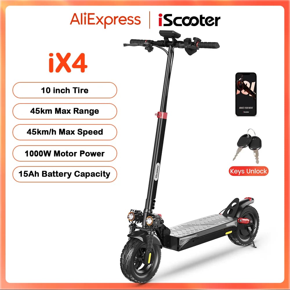 Patinete eléctrico iScooter iX4 de 1000W y 15Ah, potente patinete eléctrico con neumáticos todoterreno antideslizantes, alcance de 45 km, velocidad