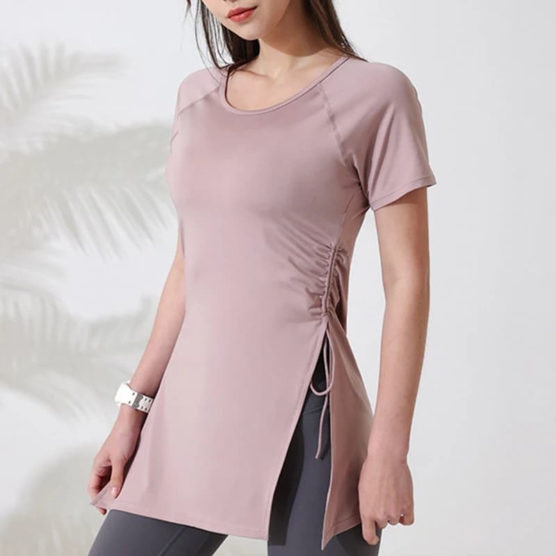 Camisas de entrenamiento para mujer, Top de Yoga de manga corta, camisas largas para gimnasio, Top deportivo dividido con cordón lateral, ropa de