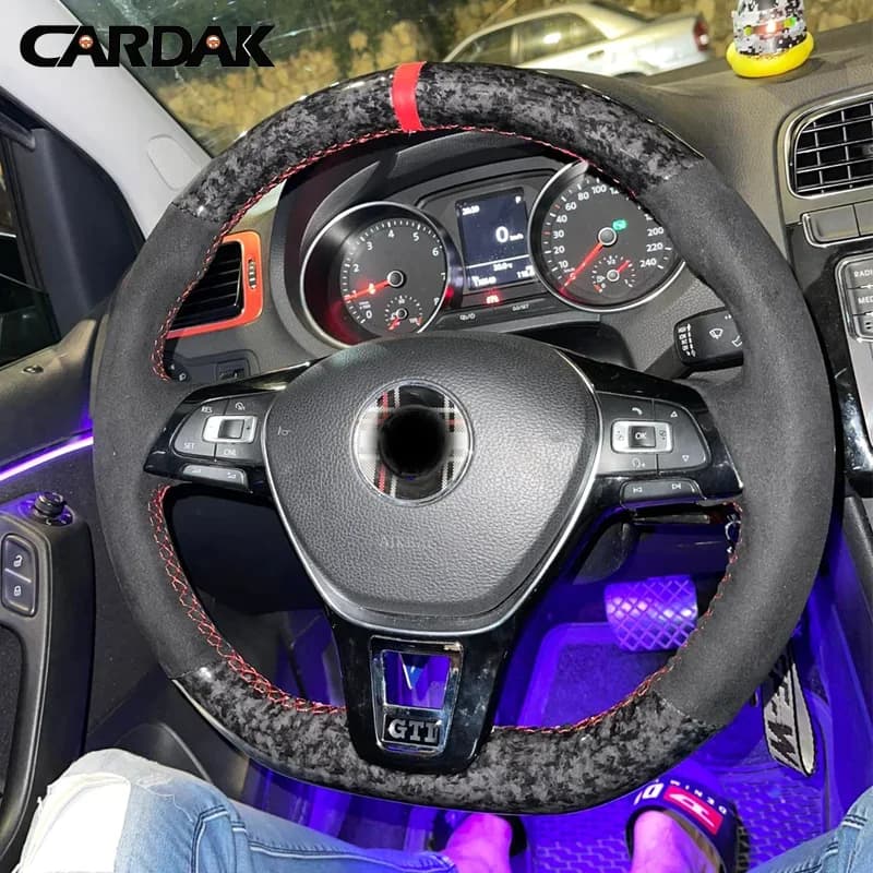CARDAK-cubierta de volante de coche de carbono forjado, gamuza negra para Volkswagen Golf Mk7 VW nuevo Polo Jetta Passat B8