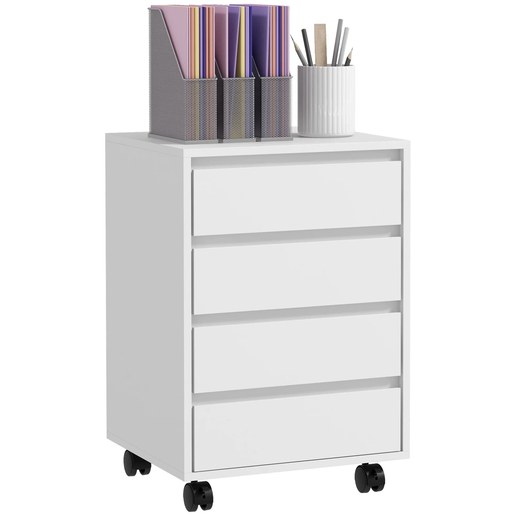 HOMCOM - Mueble de Oficina con Ruedas, Escritorio con 4 Cajones Deslizantes, Diseño para Bebidas, Color Blanco