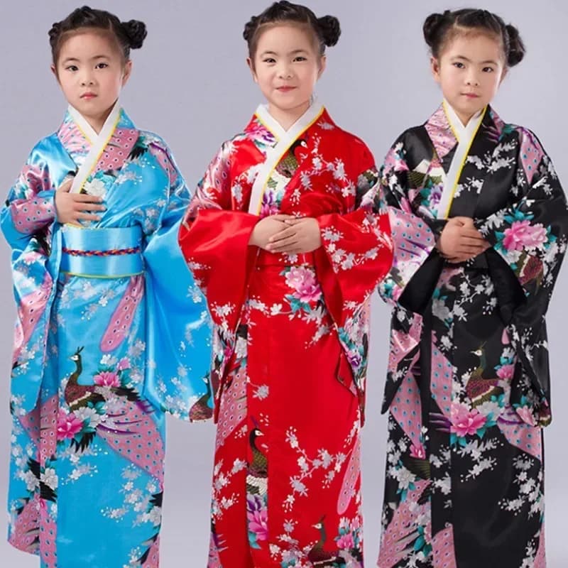 Kimono Japonés para Niños, Bata de Baño, Estilo Japonés, Vestido Yukata con Estampado de Pavo Real, Obi Vintage, Disfraz de Haori para Halloween