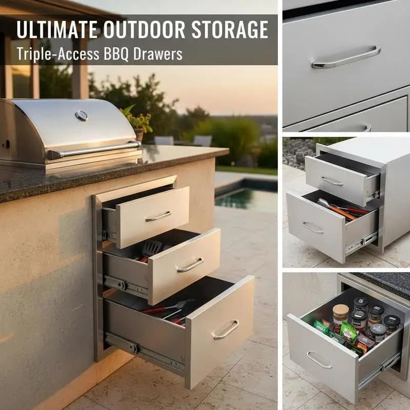 Cajones de barbacoa de triple acceso de acero inoxidable para cocina exterior con tirador cromado, 458 x 585 x 588 mm