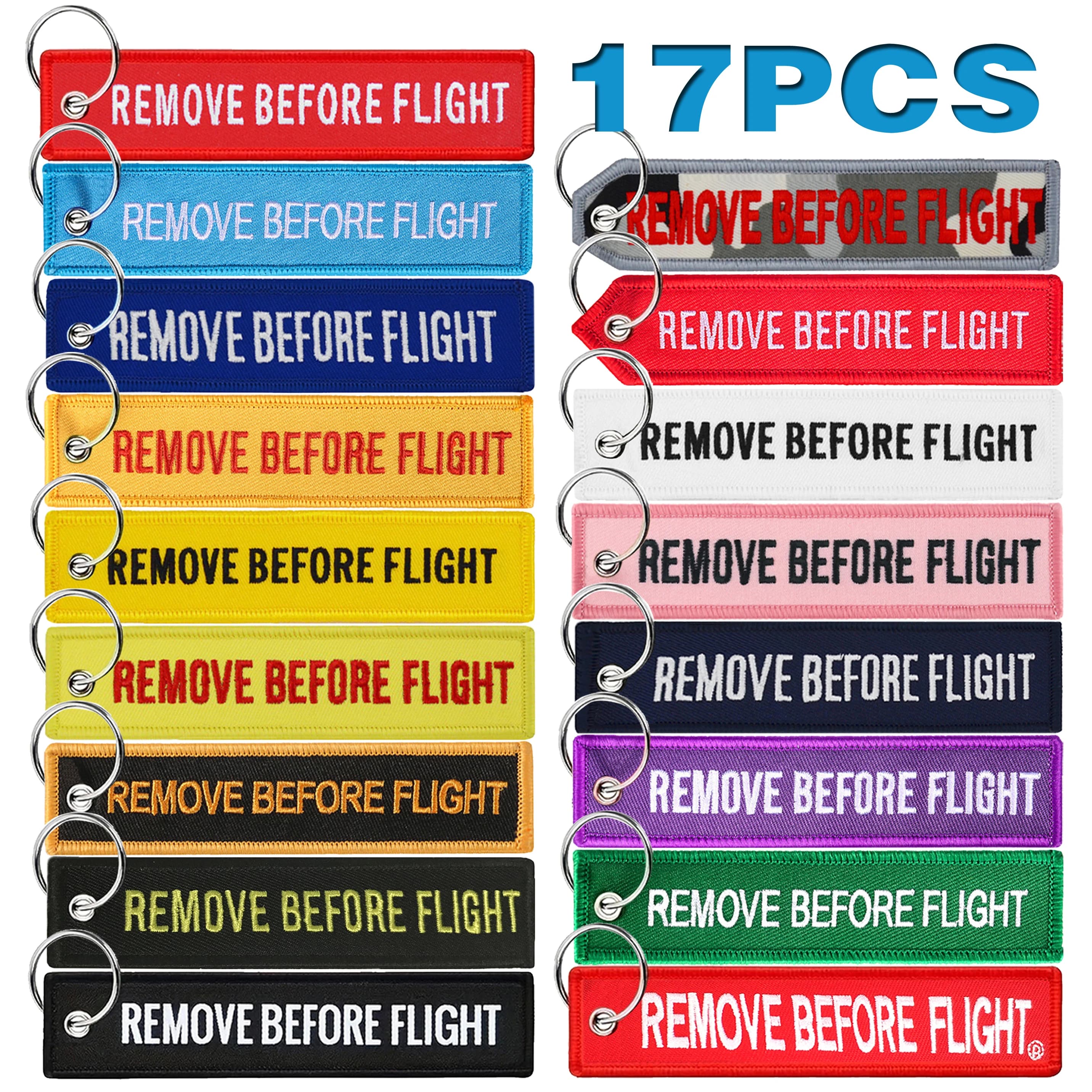 17 Etiquetas de Advertencia 'Remove Before Flight' para Llavero, Rectangulares, de Poliéster Bordado, Multicolor