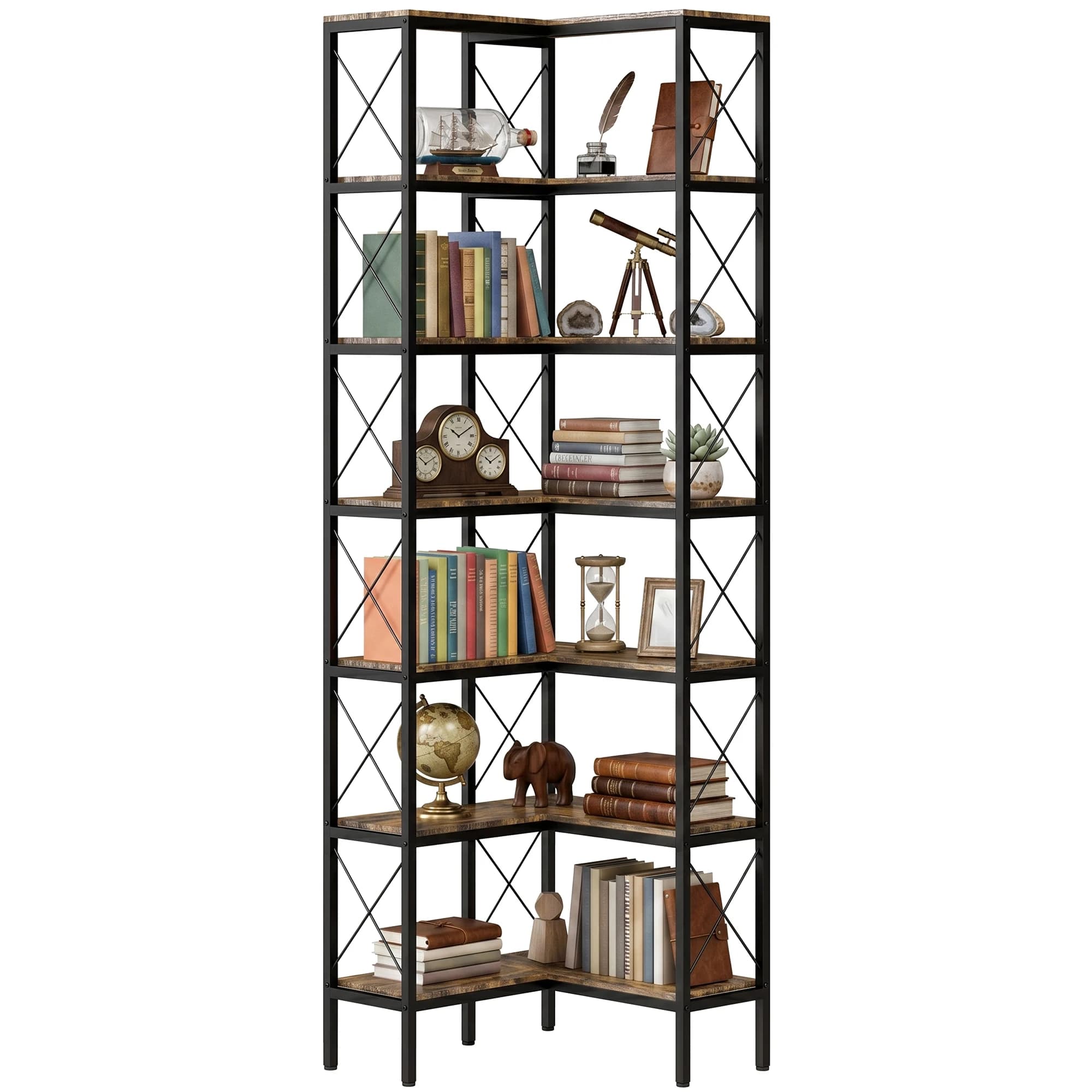 HOMCOM Estantería esquinera de 6 niveles, Mueble de almacenamiento metálico para salón, dormitorio, escritorio, 60x60x cm, marrón rústico