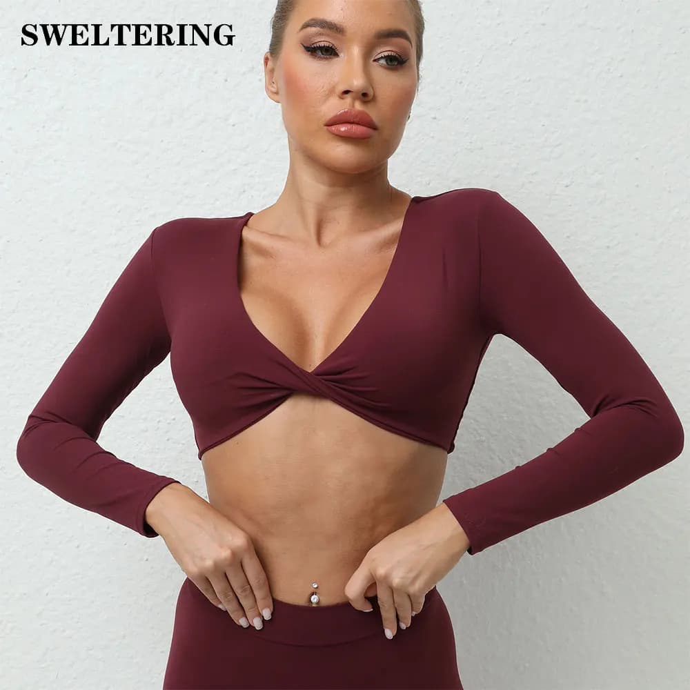 Top Corto Sexy con Mangas Largas Arrugadas para Mujer, Ropa de Yoga de Secado Rápido, Camiseta Deportiva de Manga Larga para Mujer, Ropa Deportiva