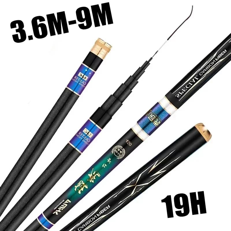 3,6 M 4,5 M 5,4 M 6,3 M 7,2 M 8M 9M varilla de corriente telescópica 19H depósito de carbono estanque de río caña de pescar de mano dura súper