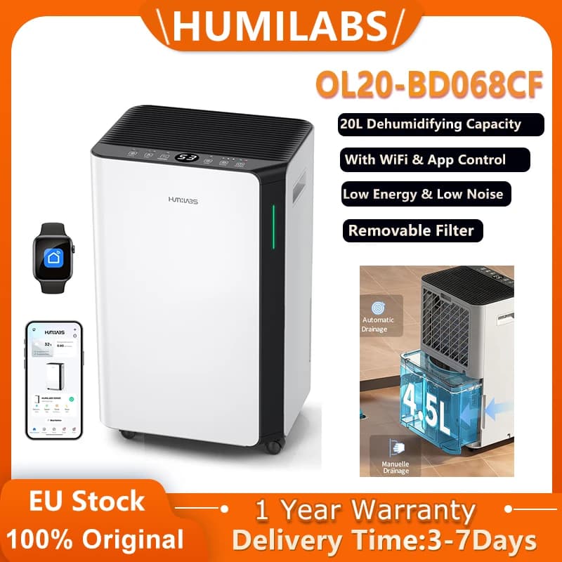 Deshumidificador Portátil HUMILABS OL20-BD068CF, Capacidad de Deshumidificación de 20L, Tanque de 4.5L y Manguera de Drenaje, Filtro Extraíble,
