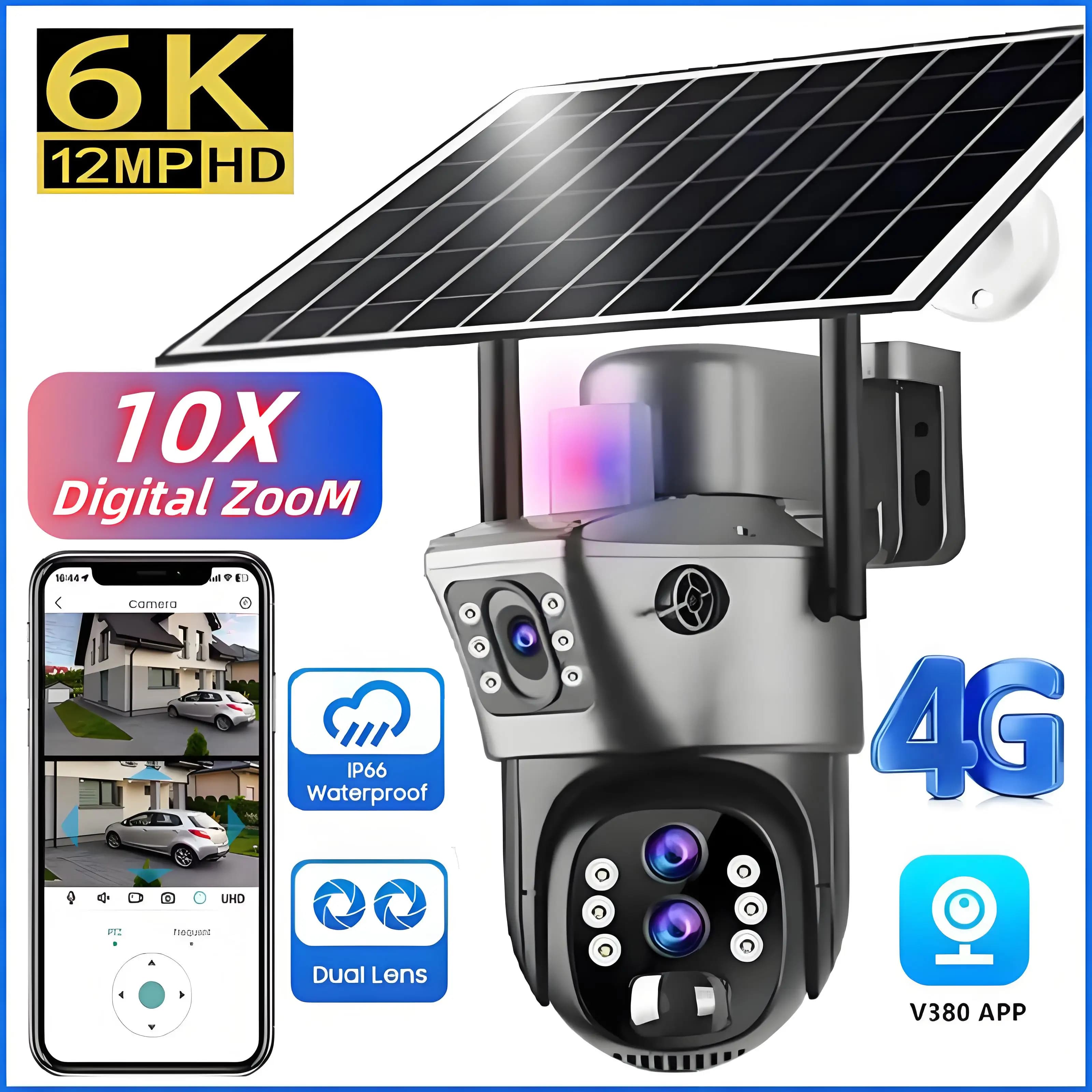 Cámara Solar con Zoom 10x 4G SIM para exteriores, 6K, 12MP, tres lentes, HD, visión nocturna, cámara de vigilancia IP, protección de seguridad,