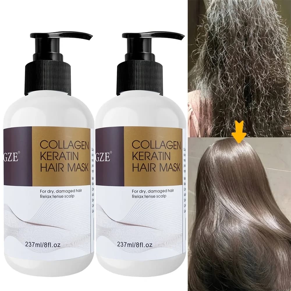 Paquete de 2 mascarillas para el cabello con queratina y colágeno GZE, acondicionamiento profundo para cabello seco y dañado, restaura la