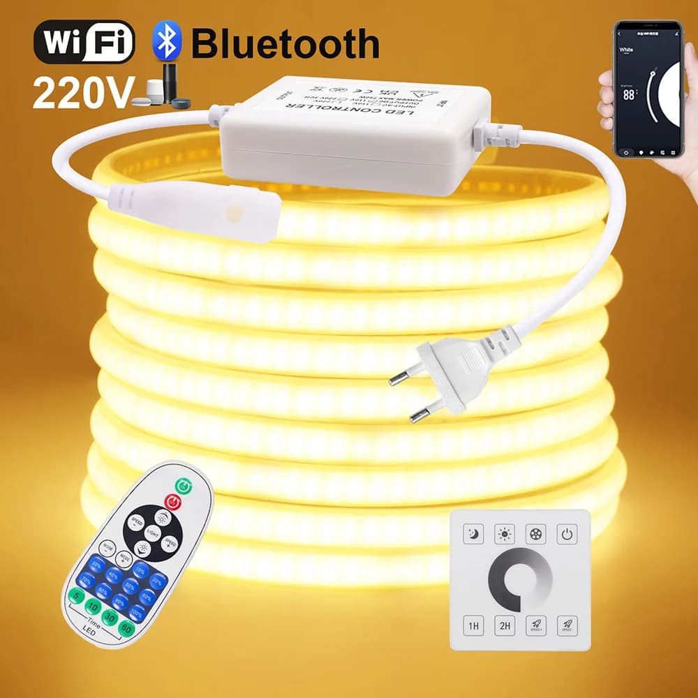 Tira de luces LED de neón COB con Wifi, Bluetooth, táctil de pared, 23 teclas, Control remoto, atenuador de 220V, Kit de alimentación, 5m, 10m,