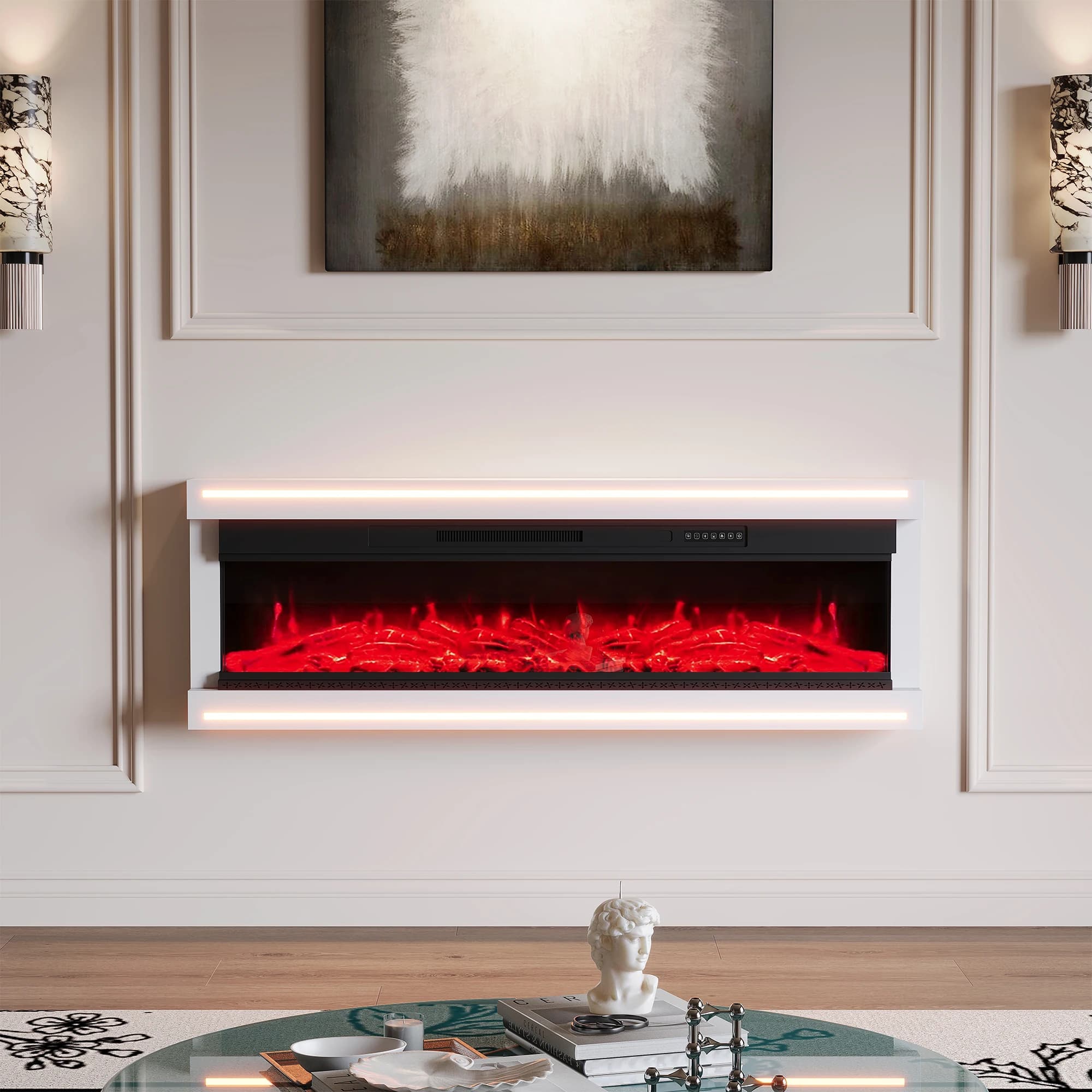 Comanlai Chimenea eléctrica LED montada en la pared, llama simulada de 12 colores, velocidad y brillo de combustión ajustables de 5 niveles,
