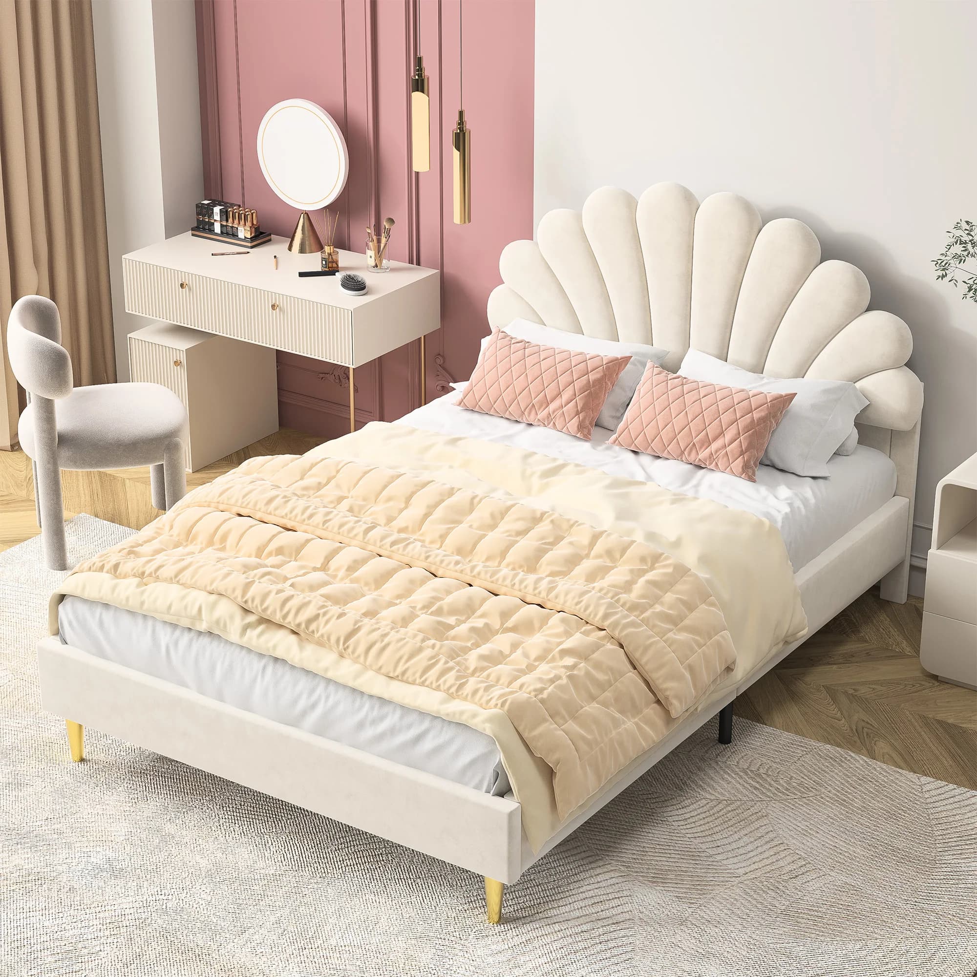 Anajqaqia Cama infantil 90×200/140×200 cm, cama doble tapizada, con cabecero en forma de flor y somier, terciopelo