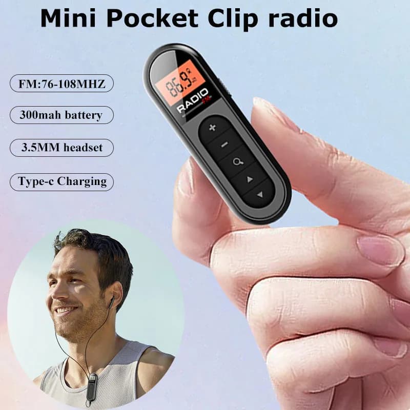 Mini Radio FM de bolsillo, receptor de Radio portátil de 76-108MHZ con retroiluminación, pantalla LCD, auriculares con cable de 3,5mm, compatible
