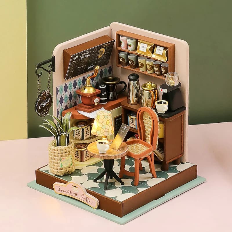 Rompecabezas 3D de madera, cafetería, mini casa de muñecas, Kit de bricolaje, ensamblaje hecho a mano, casas de muñecas, juguetes para regalos de