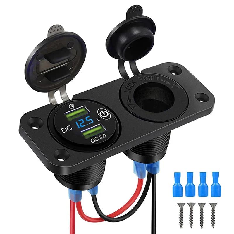 Enchufe de encendedor de cigarrillos a prueba de agua, carga rápida 3,0, 12V/24V, doble USB, con voltímetro LED, Interruptor táctil para coche, RV,