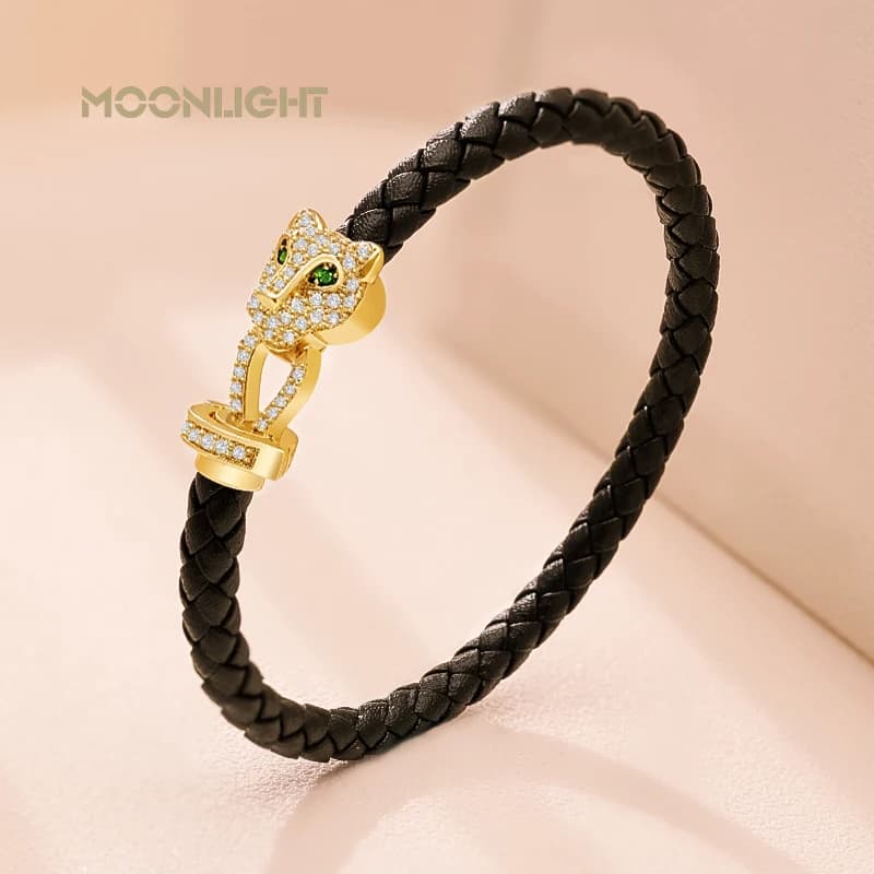 MOONLIGHT, diseño clásico, exquisita pulsera de circón de guepardo para mujer, pulsera de cuero trenzado, regalo para parejas y banquetes de