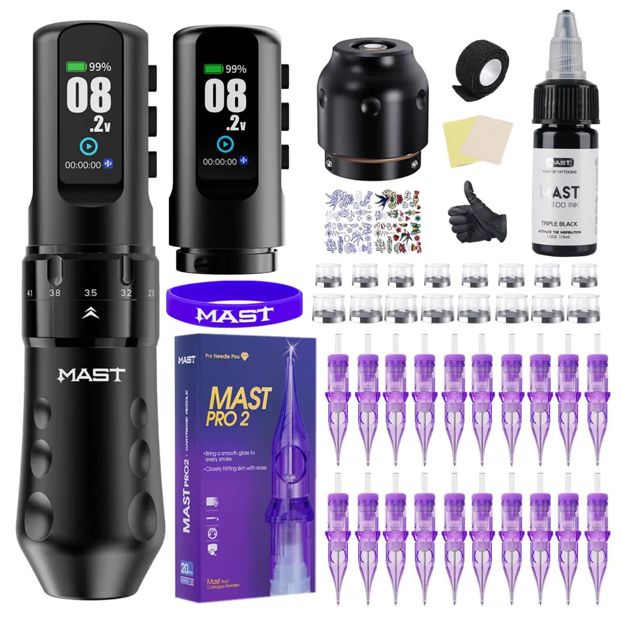 Mast Flip 4 Pro Kit de Tatuaje Completo Inalámbrico 7 Carreras (2,5-4,5 mm) 2 Baterías 2000 mAh para Línea Sombreado y Coloración Suministros para