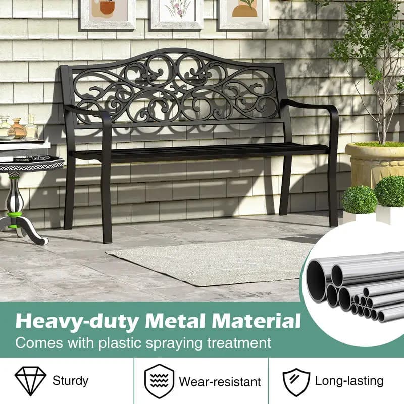 Banco de patio de metal de hierro fundido para exteriores de 50 pulgadas con respaldo de diseño floral y asiento de listones, color negro