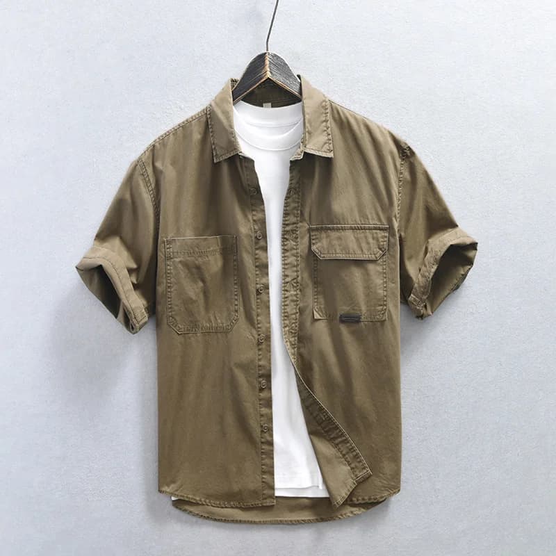 Camisas de carga de manga corta para hombre, atuendo de trabajo americano, camisa Retro de algodón puro absorbente, bolsillos dobles en el pecho,
