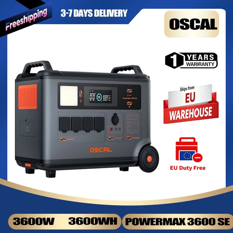 Generador Solar OSCAL PowerMax 3600SE (Almacén UE), Batería de Litio-Ferrofosfato de 2048Wh, Salida de CA de 3600W, Carga para Múltiples