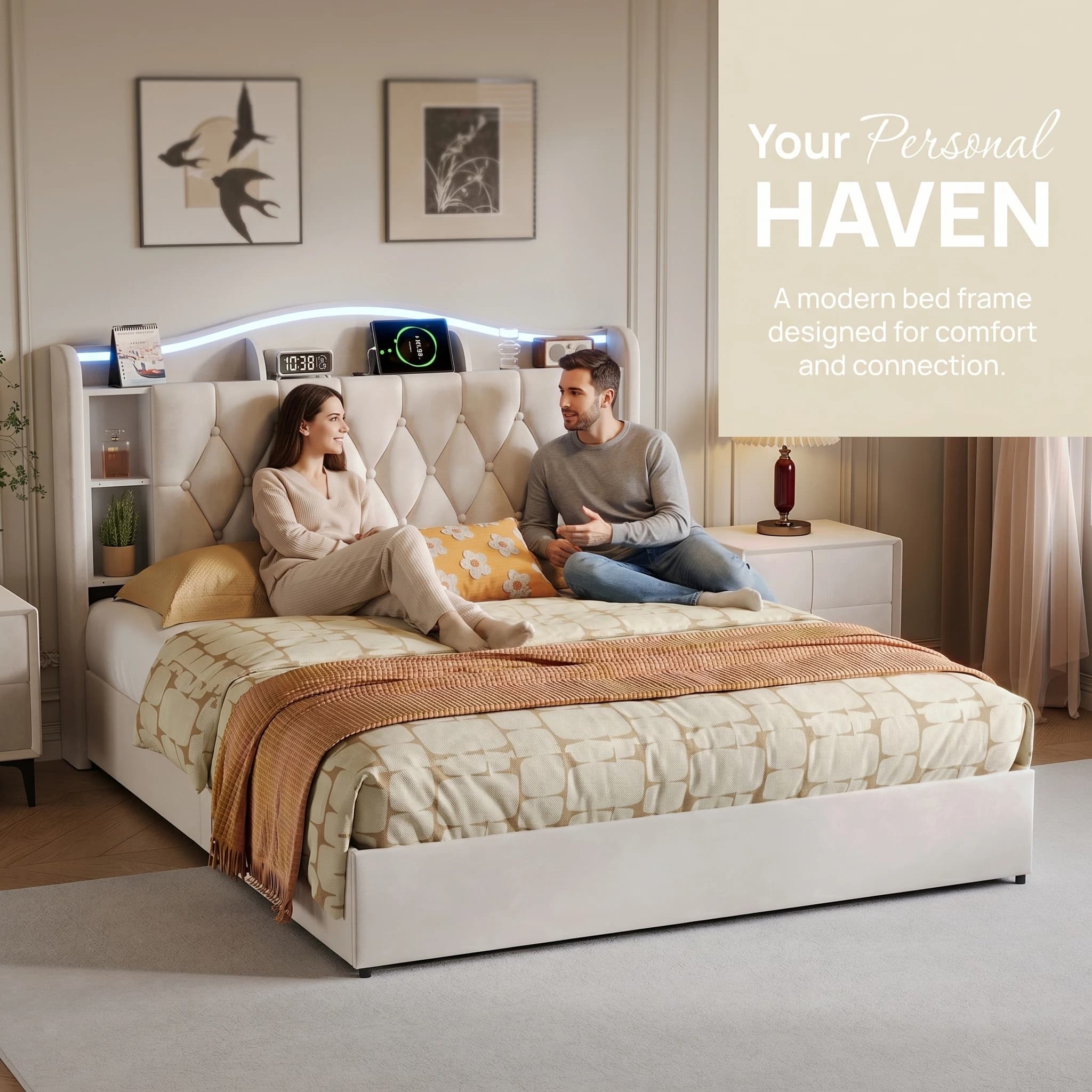 Cama con Almacenamiento Anajqaqia, Estructura de Cama Tapizada en Terciopelo Hidráulica con LED, Carga USB Tipo-C, Sistema de Elevación a Gas, Doble