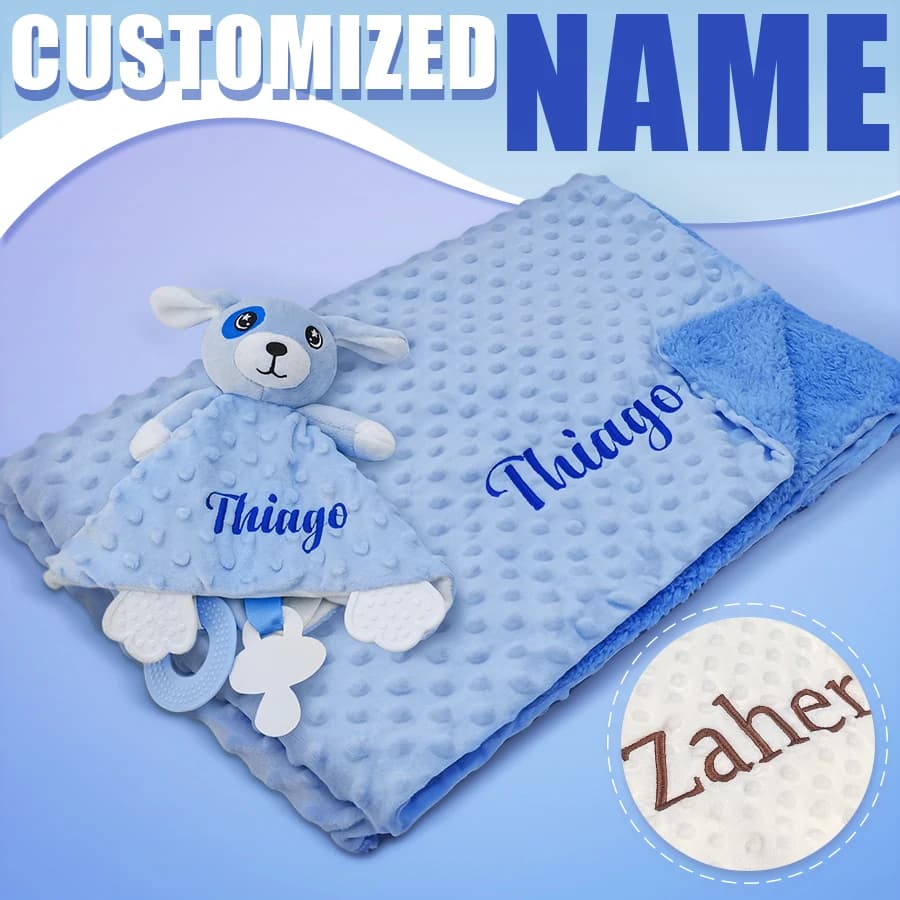 Manta de Bebé Personalizada con Nombre, Regalo para Baby Shower, Manta Suave de Minky con Puntos 2 en 1 y Set de Peluche para Niños y Niñas