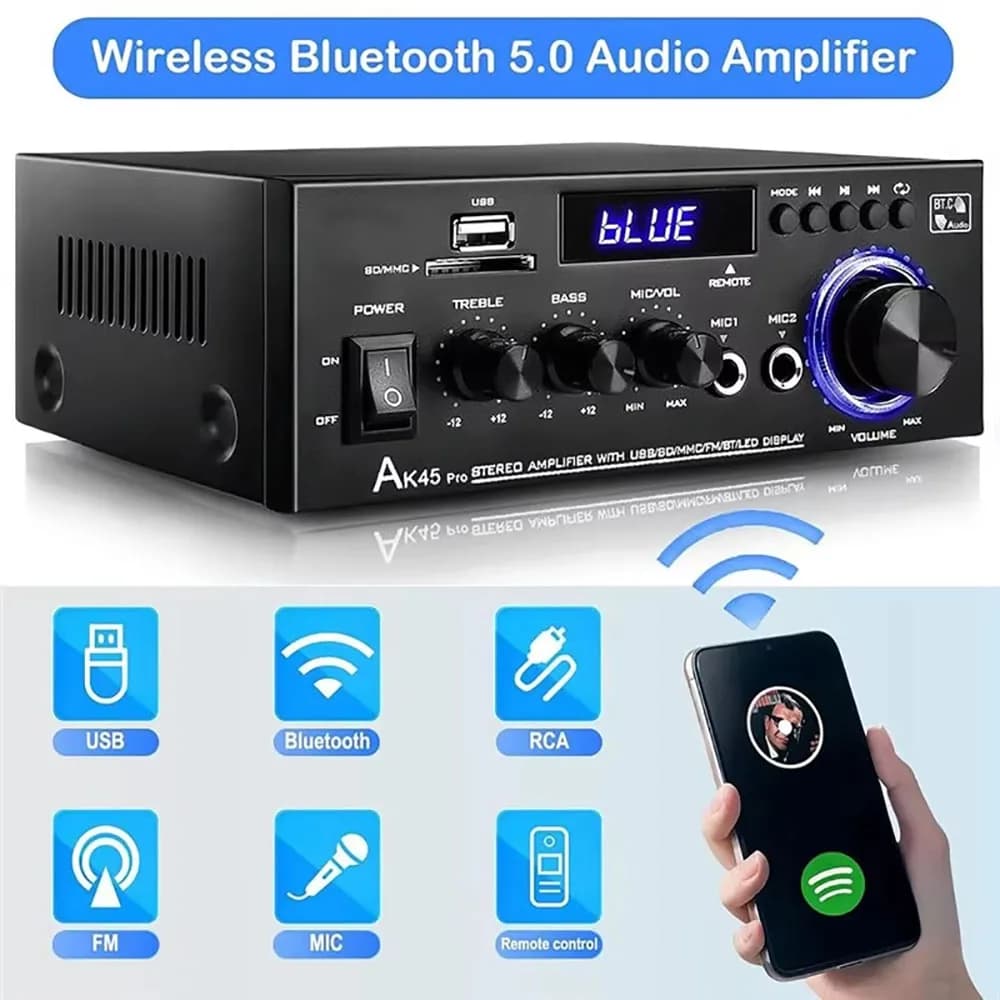 Amplificador Digital AK45 de 800W, Bluetooth 5,0, amplificador de sonido de 2 canales, amplificador de Audio HIFi USB, entrada de micrófono FM USB SD
