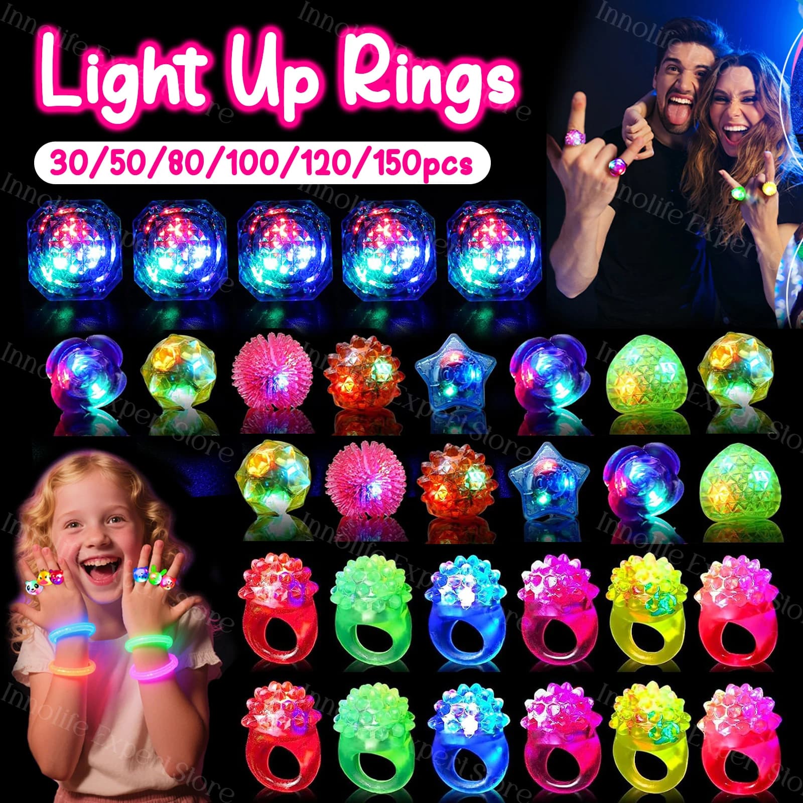 50-150 Anillos Luminosos LED que Brillan en la Oscuridad, Artículos para Fiestas, Anillo de Diamantes para Cumpleaños, Despedidas de Soltera, Bodas,