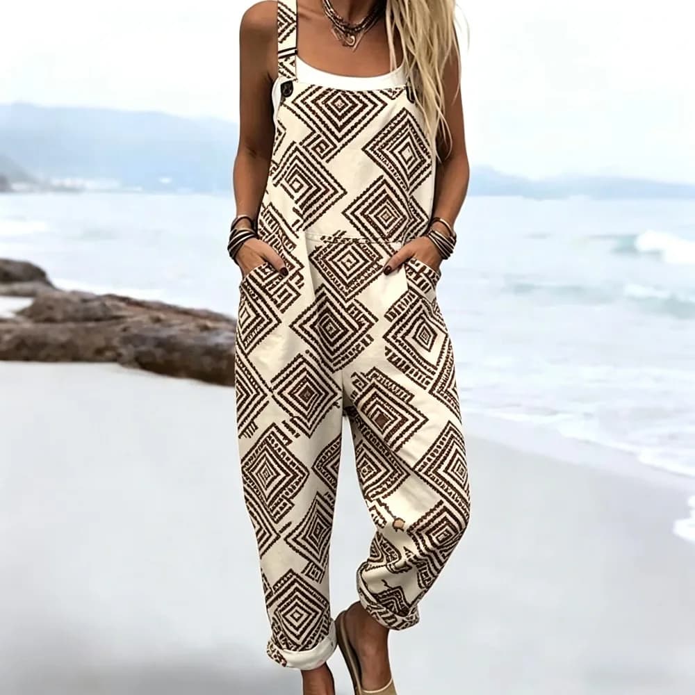 Overol Holgado sin Mangas con Estampado Étnico Bohemio para Mujer, Mono Casual Estilo Western, Ropa de Playa para Vacaciones, con Bolsillos, Estilo