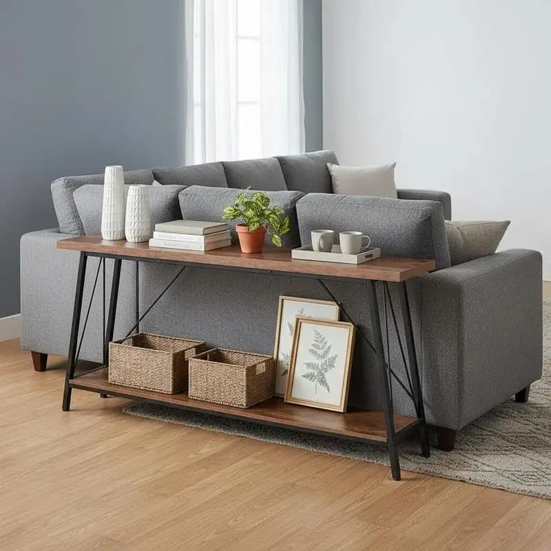 Consola de mesa estrecha para sofá, 180 x 30 x 80 cm, mesa de entrada larga de 2 niveles, mueble consola con estructura de metal, para pasillo,