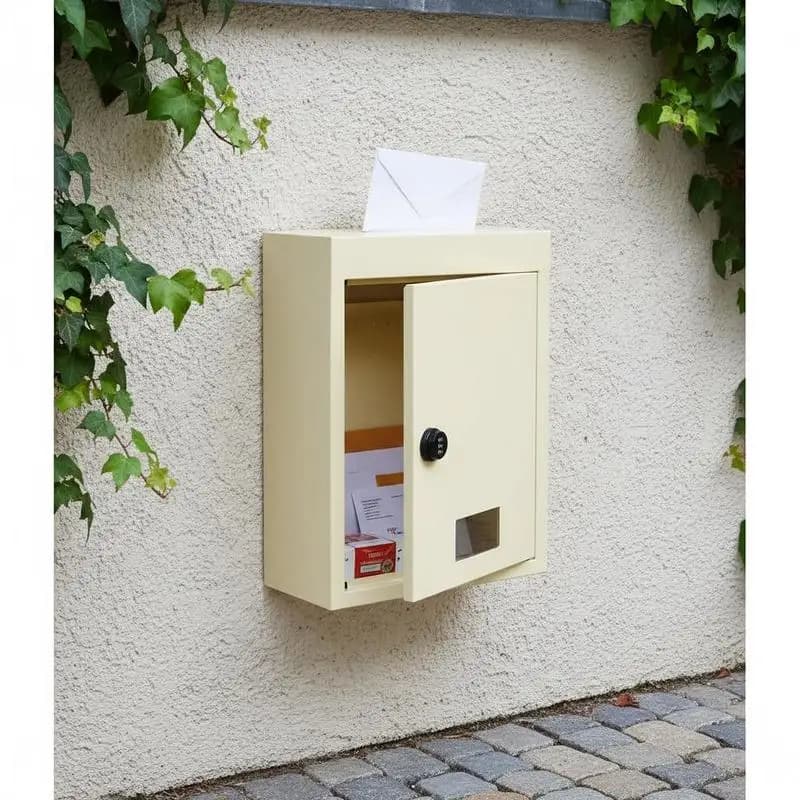 Buzón de pared, robusto buzón de acero integrado para paredes de 70 a 200 mm de espesor, cerradura de combinación, 320 x 158 x 430 mm, beige