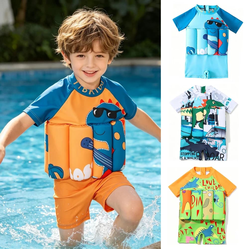 Traje de Baño Flotante para Niños, Bebés y Niños Pequeños de 1 a 6 Años, Naranja y Azul, Traje de Baño con Diseño de Dinosaurio/Tiburón,
