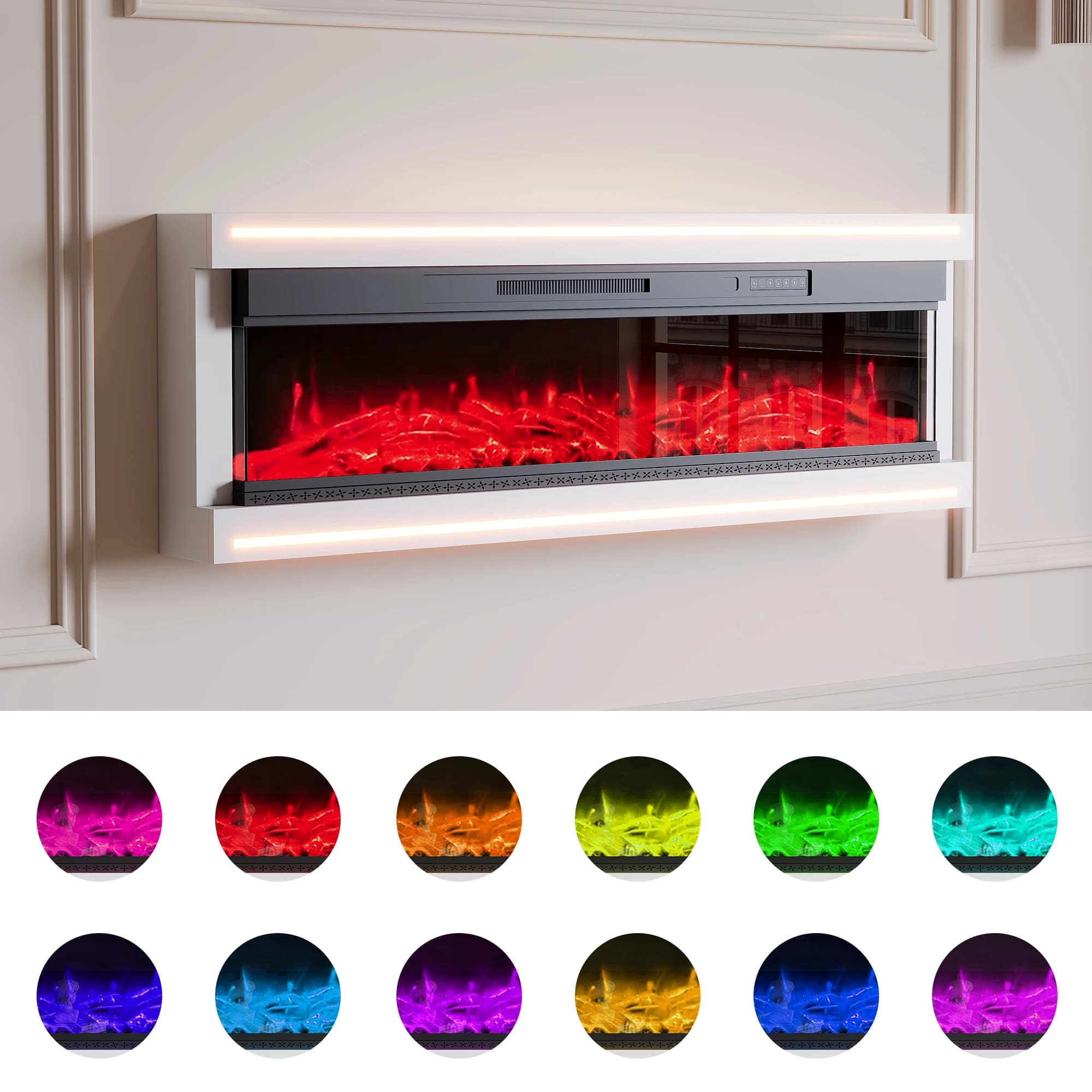 Chimenea eléctrica montada en la pared Comanlai 51,3 × 17 × 161/136,8 cm, registro de 12 colores, velocidad de llama de 5 niveles, control remoto,