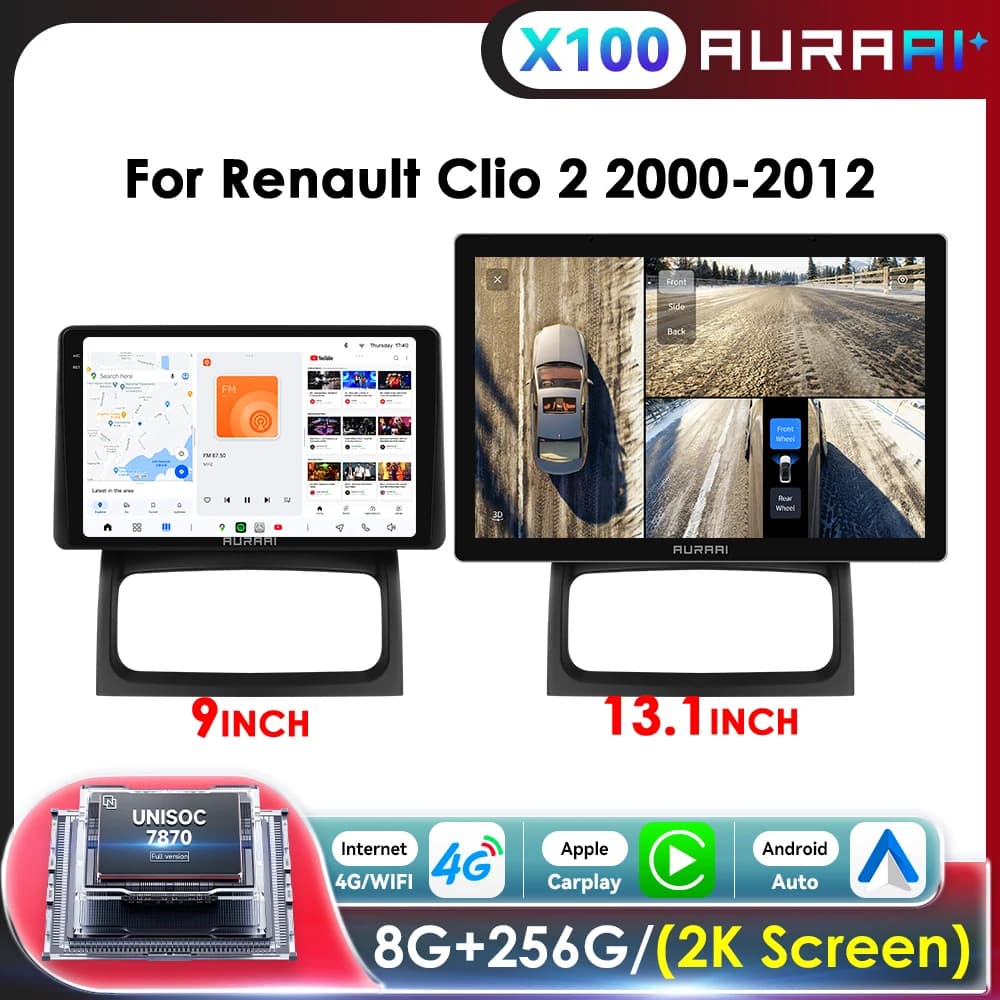AURAAI reproductor de Radio inteligente para coche para Renault Clio 2 2000-2012 GPS 2k pantalla estéreo inalámbrico Carplay Android Auto 7870 ADAS