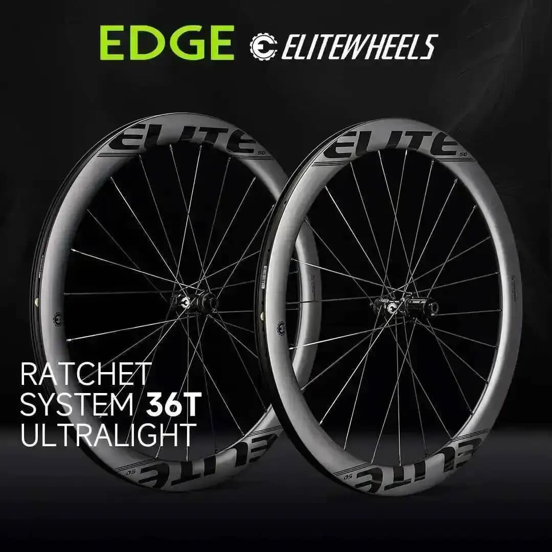 Juego de Ruedas de Fibra de Carbono Ultraligeras ELITEWHEELS EDGE para Frenos de Disco, 1314g, Sistema de Trinquete 36T, 20 Radios, 40 45 50 65mm