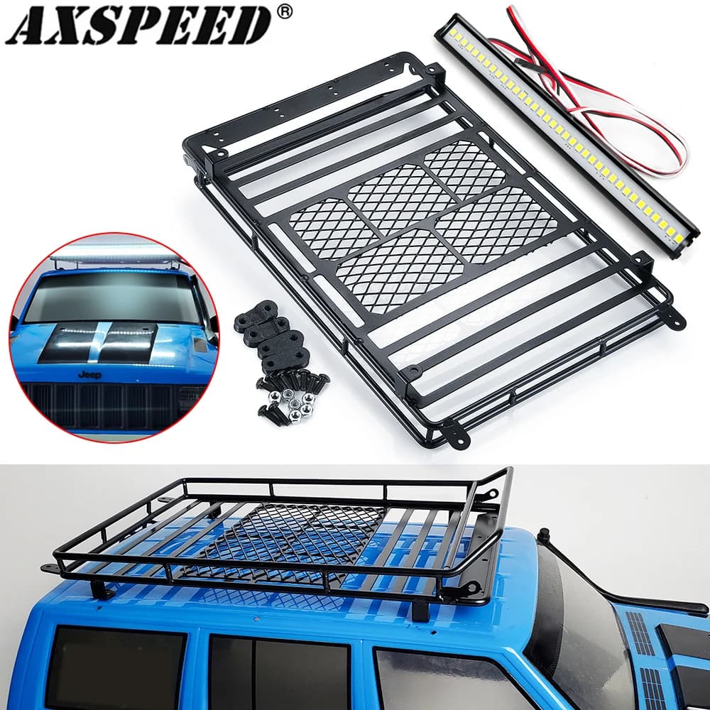 Portaequipajes de techo de Metal AXSPEED con barra de luz LED para 1/10 RC Crawler Axial SCX10 90046 Wrangler Cherokee piezas