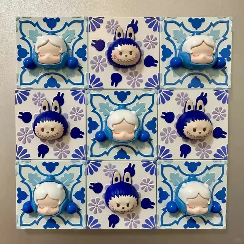 Genuino Pop Mart Macao Edición limitada Skullpanda Labubu Serie de azulejos clásicos Mini imán para nevera Tarjeta colgante conmemorativa